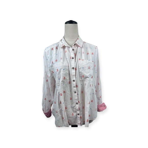 Anthropologie Maeve White and Orange tepee print button down size 10 - Picture 1 of 14